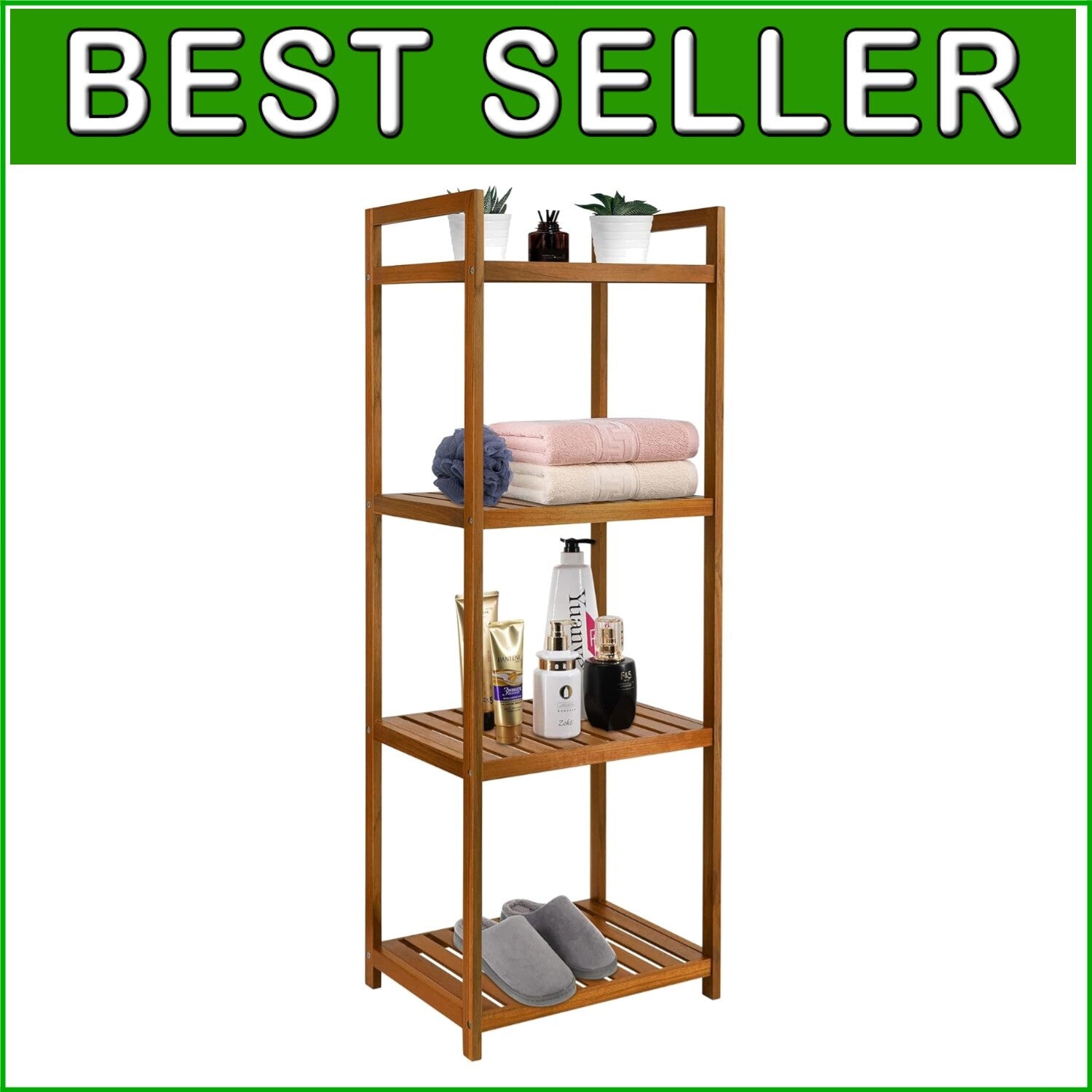 Elegant Freestanding Teak 4-Tier Bathroom and Kitchen Shelf - Easy Assembly