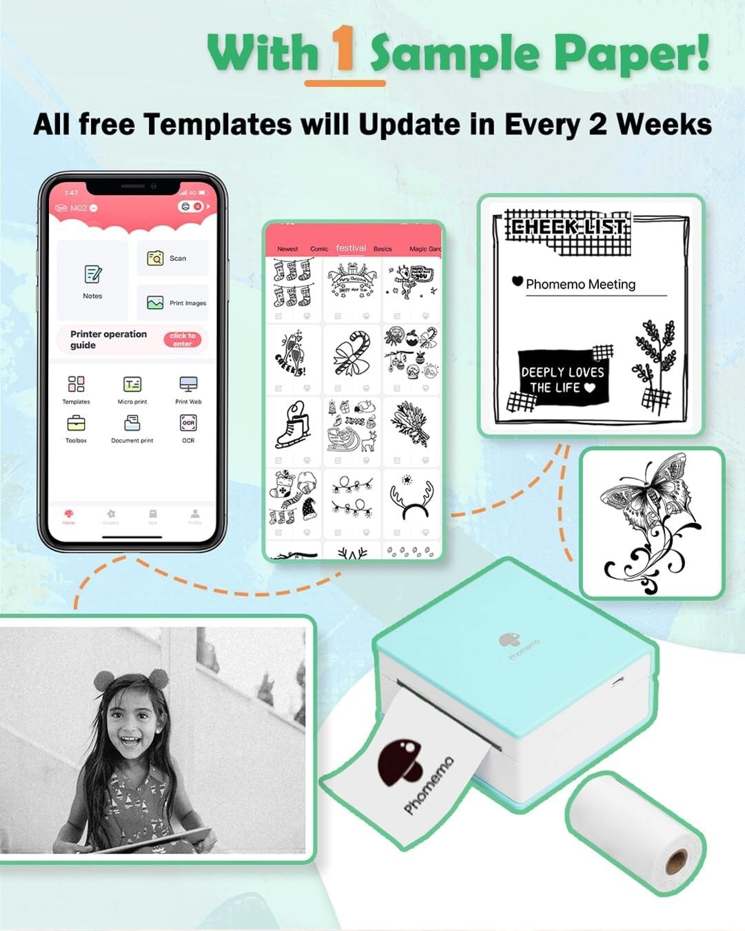 Cyan Mini Bluetooth Sticker Printer - Thermal Print Pods with 3 Paper Rolls