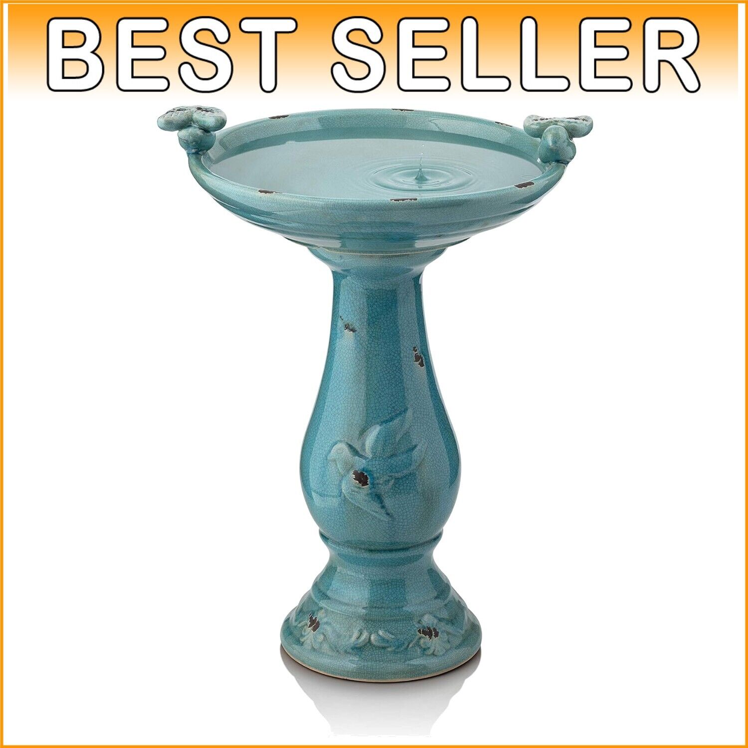 Antique Turquoise Ceramic Birdbath with Pedestal & 2 Bird Figurines - 25" Tall