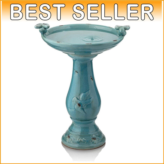 Antique Turquoise Ceramic Birdbath with Pedestal & 2 Bird Figurines - 25" Tall
