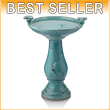 Load image into Gallery viewer, Antique Turquoise Ceramic Birdbath with Pedestal &amp; 2 Bird Figurines - 25" Tall