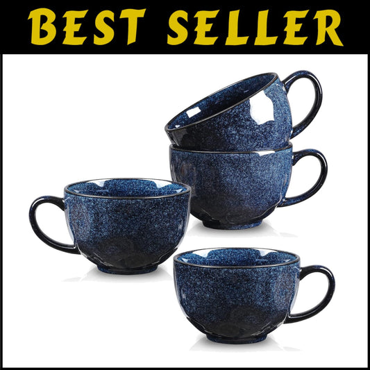 Elegant Blue Porcelain Jumbo Coffee Mugs - 4 Piece Set for Soups and Oatmeal