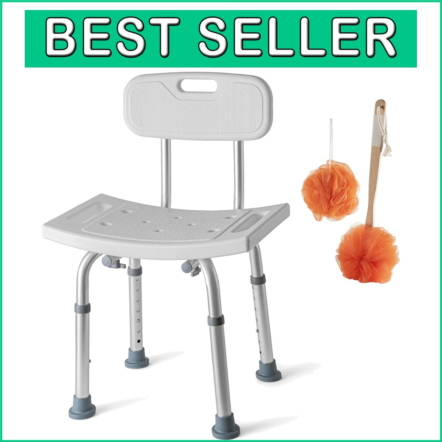 Portable Shower Chair with Adjustable Heights & Bonus Scrubbers - Safe & Durable
