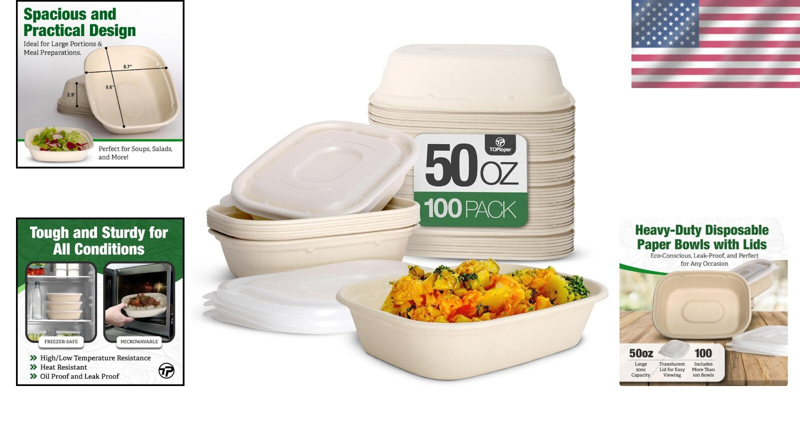 Disposable Large Paper Bowls 100 Pack - 50 oz Leak-Immune for Parties & Takeouts