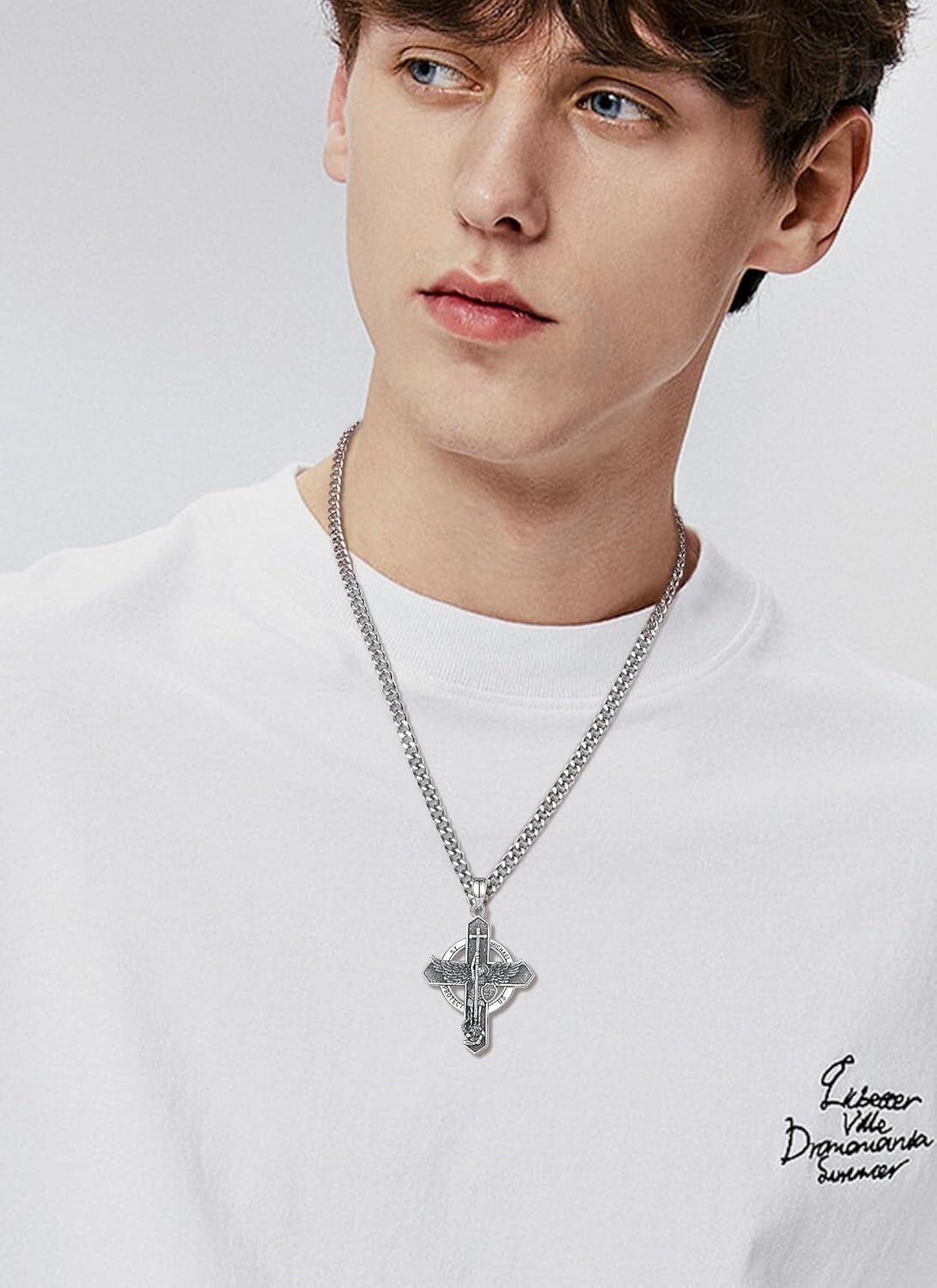 925 Sterling Silver St. Michael Cross Pendant with Cuban Chain - Spiritual Gift
