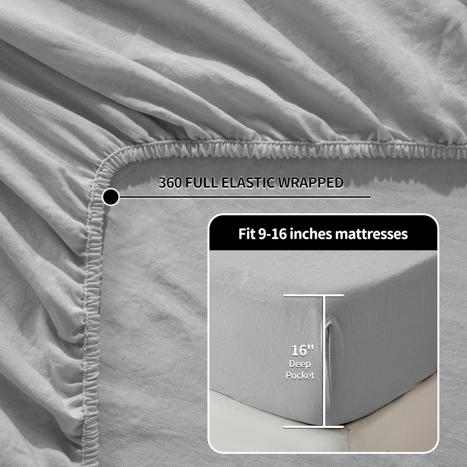 Breathable 100% Linen Bed Sheets Set, Full Size, Deep Pocket, All Season Comfort