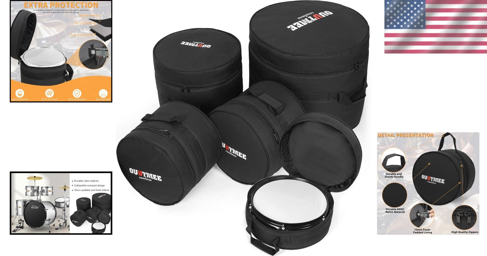 Durable 5-Piece Nylon Drum Bags with 10mm Padding - Perfect for Musicians
