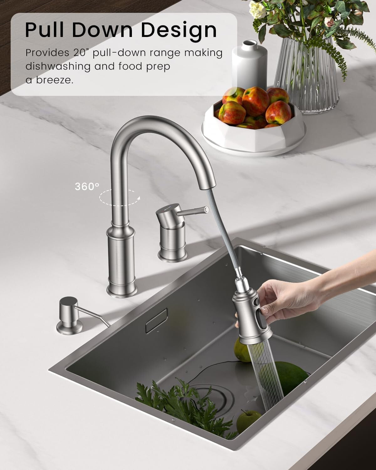 Brushed Nickel Kitchen Faucet with Soap Dispenser & Pull Down Sprayer - 3 Holes