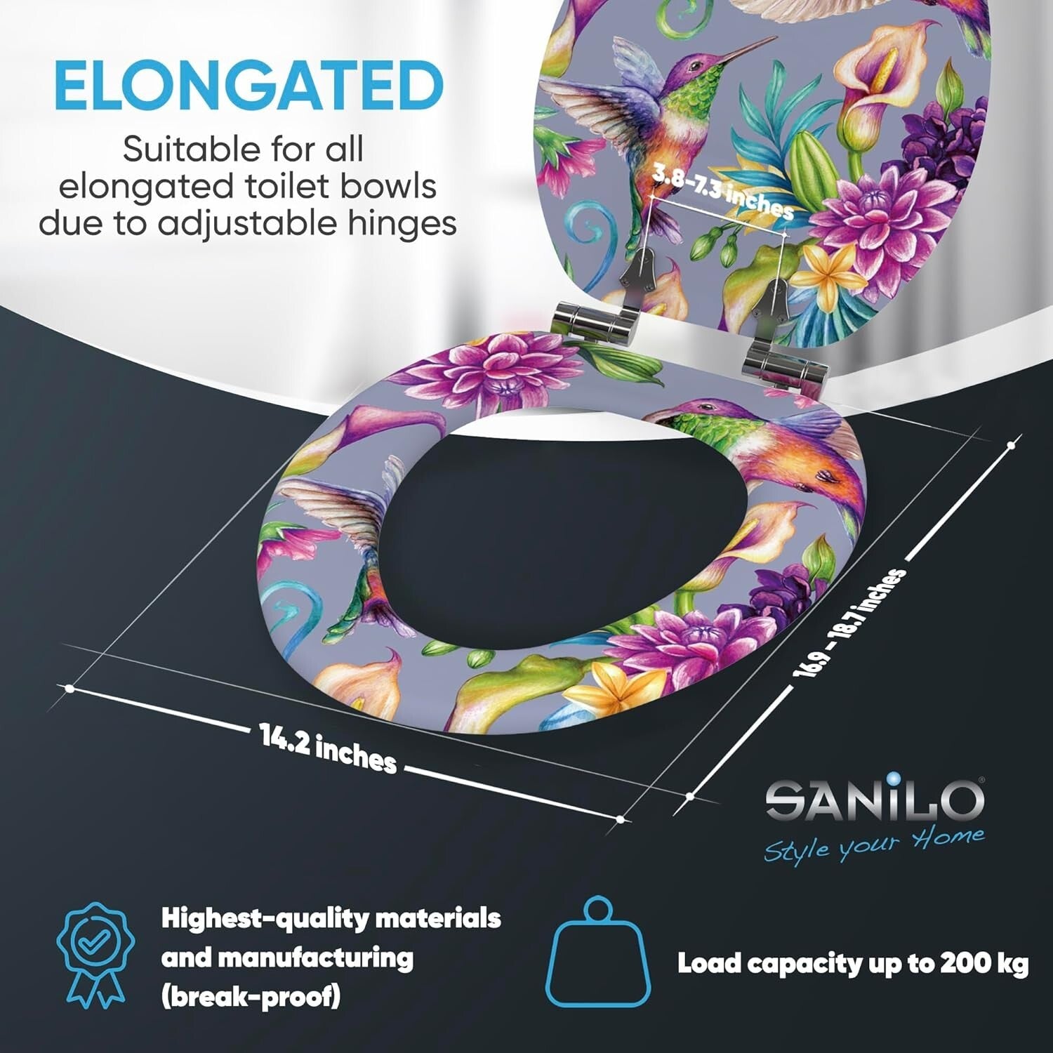 Elongated Molded Wood Toilet Seat with Beautiful Hummingbird Print - Soft Close