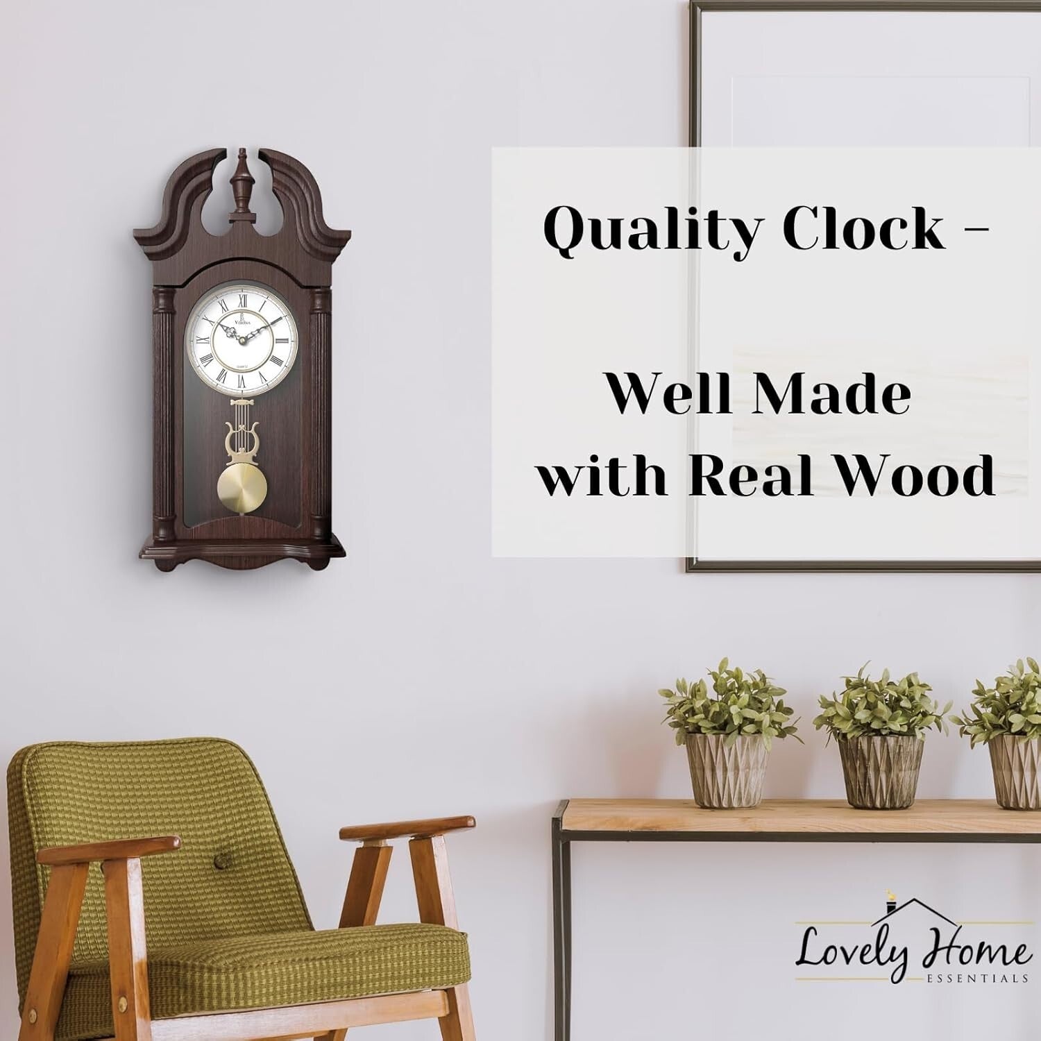 Elegant Dark Wood Pendulum Wall Clock - Battery Operated, Silent, 23.5x9 inches