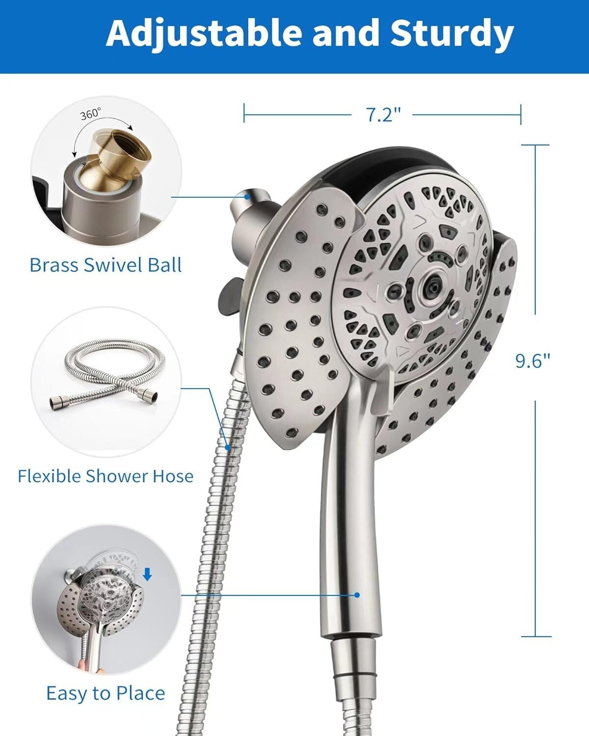 2.5 GPM Dual Shower Head with Handheld Spray & 60" Rotatable Hose - Nickel