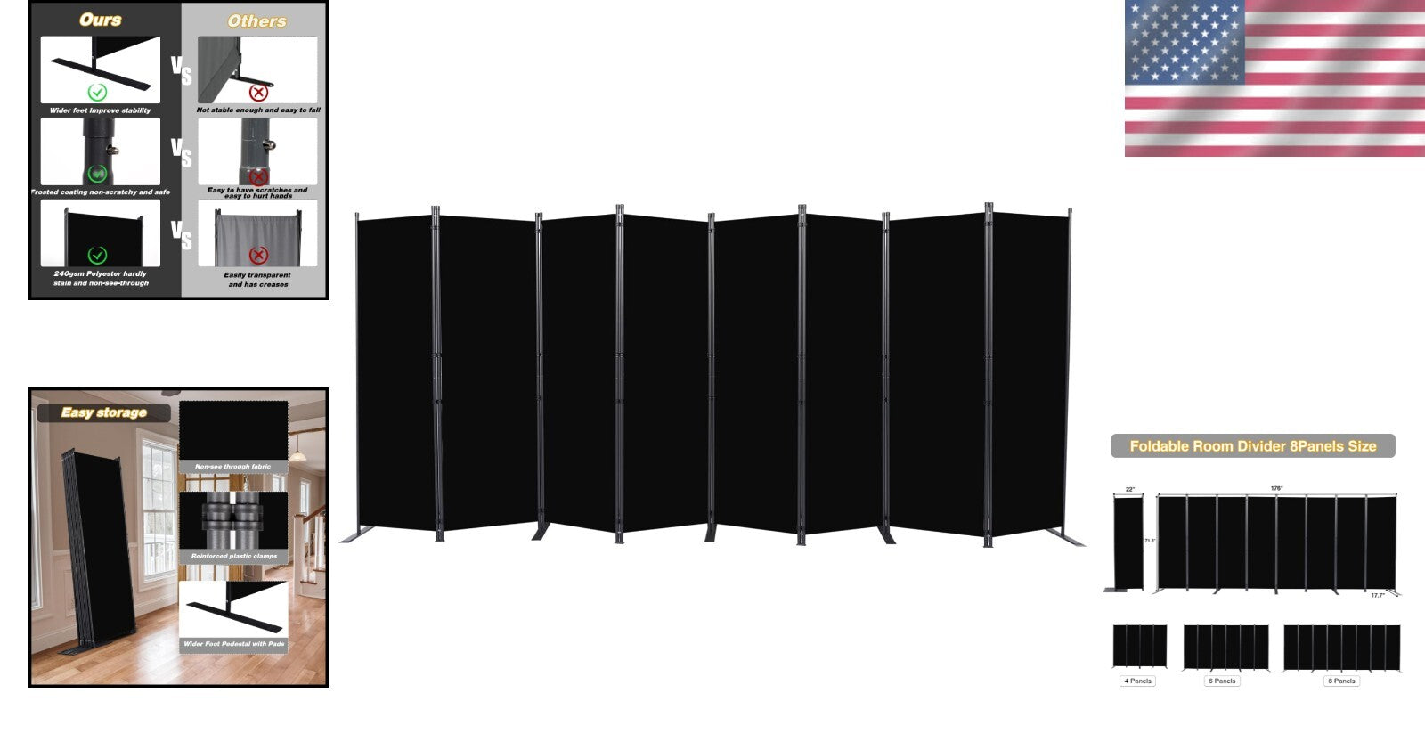 Freestanding 8 Panel Folding Privacy Screen with Stable Support Feet - 176" Wide