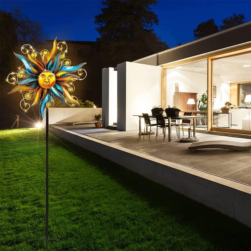 Unique Face Design Solar Garden Wind Spinner with LED Lights - Easy Installation