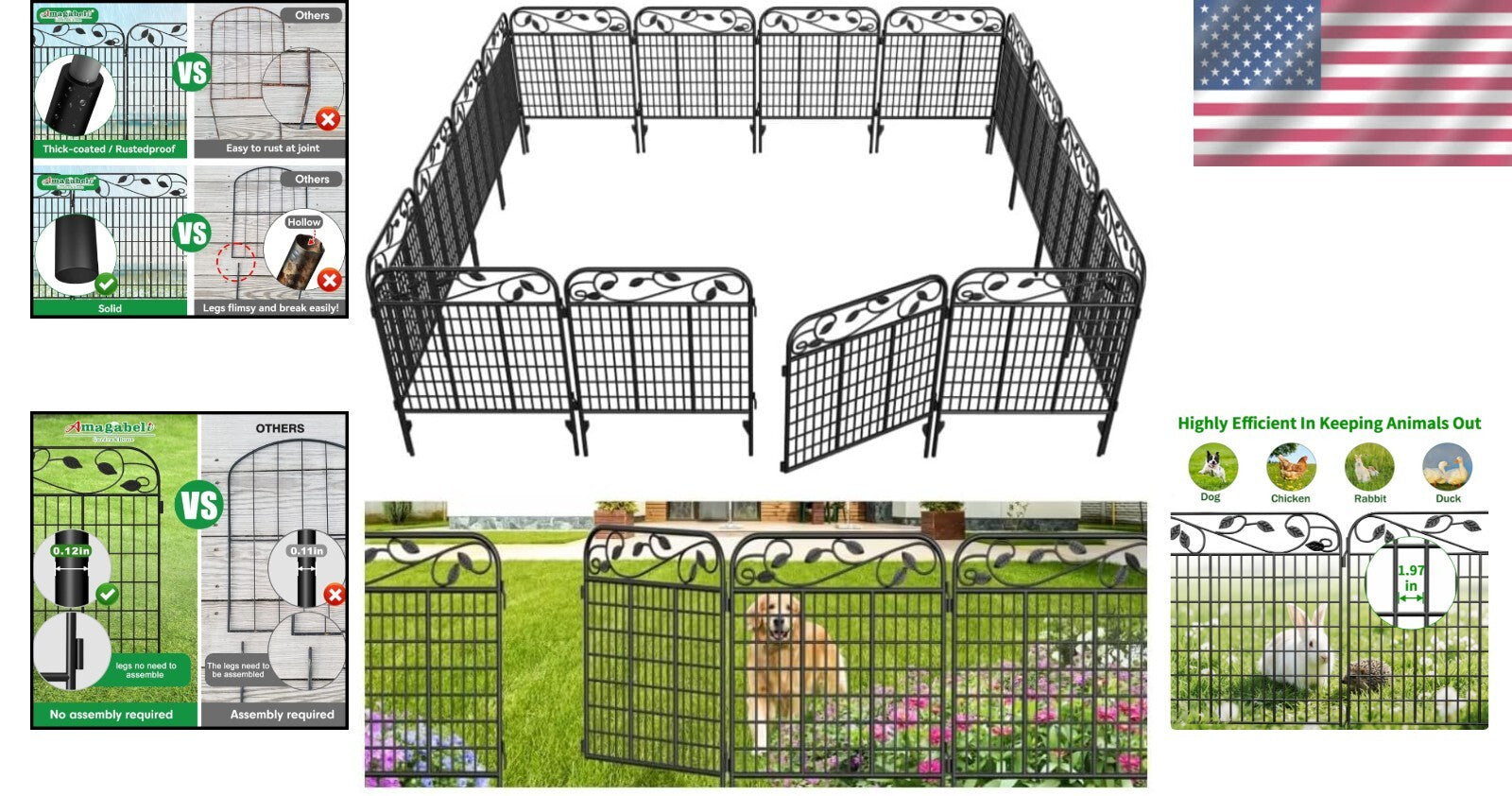 4 Pack Heavy Duty 44" High Rustproof Decorative Garden Fence Panels - 12ft Long