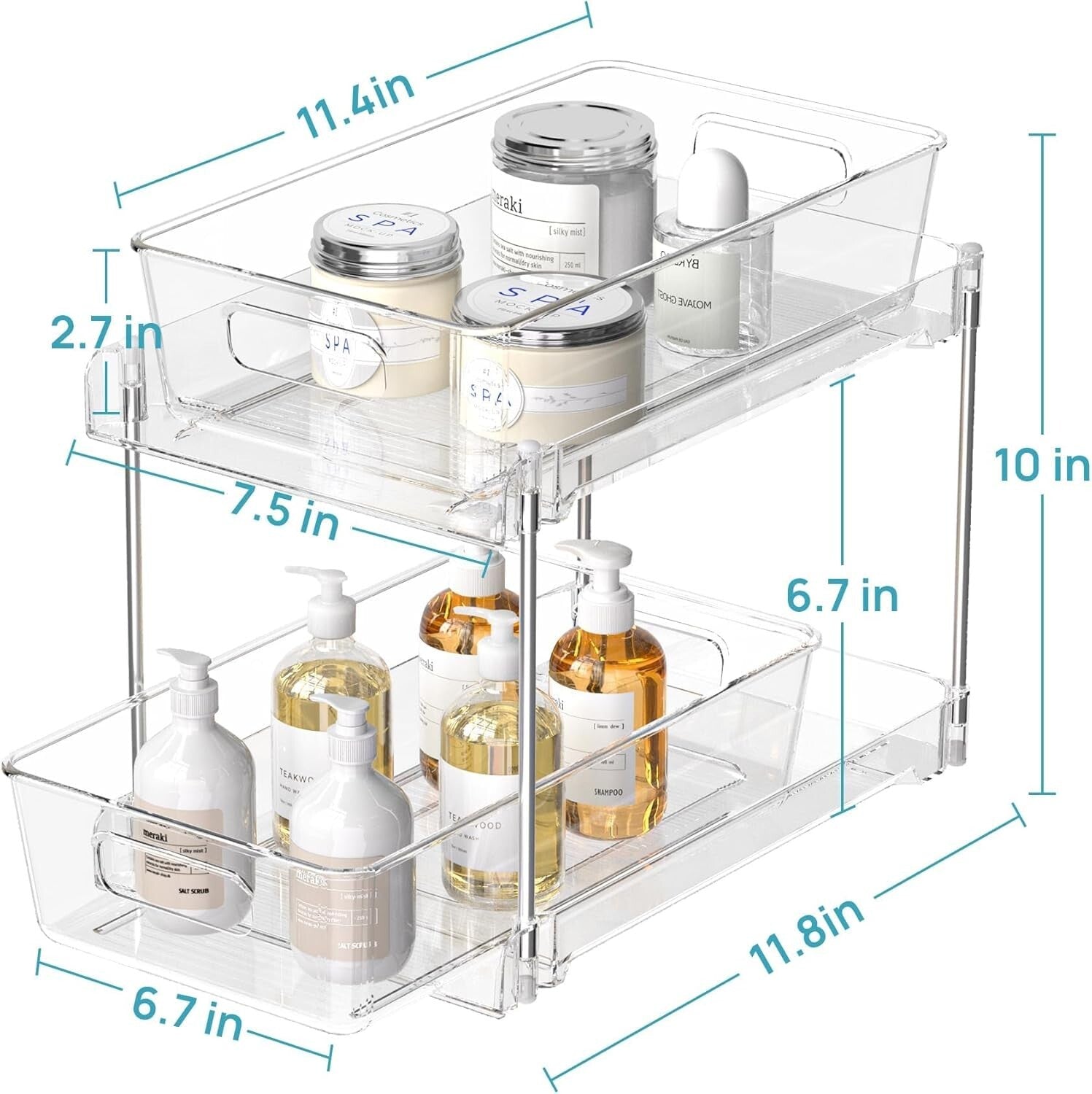 4 Pack 2-Tier Clear Organizers with Stainless Steel Frame - Easy Pull-Out Access
