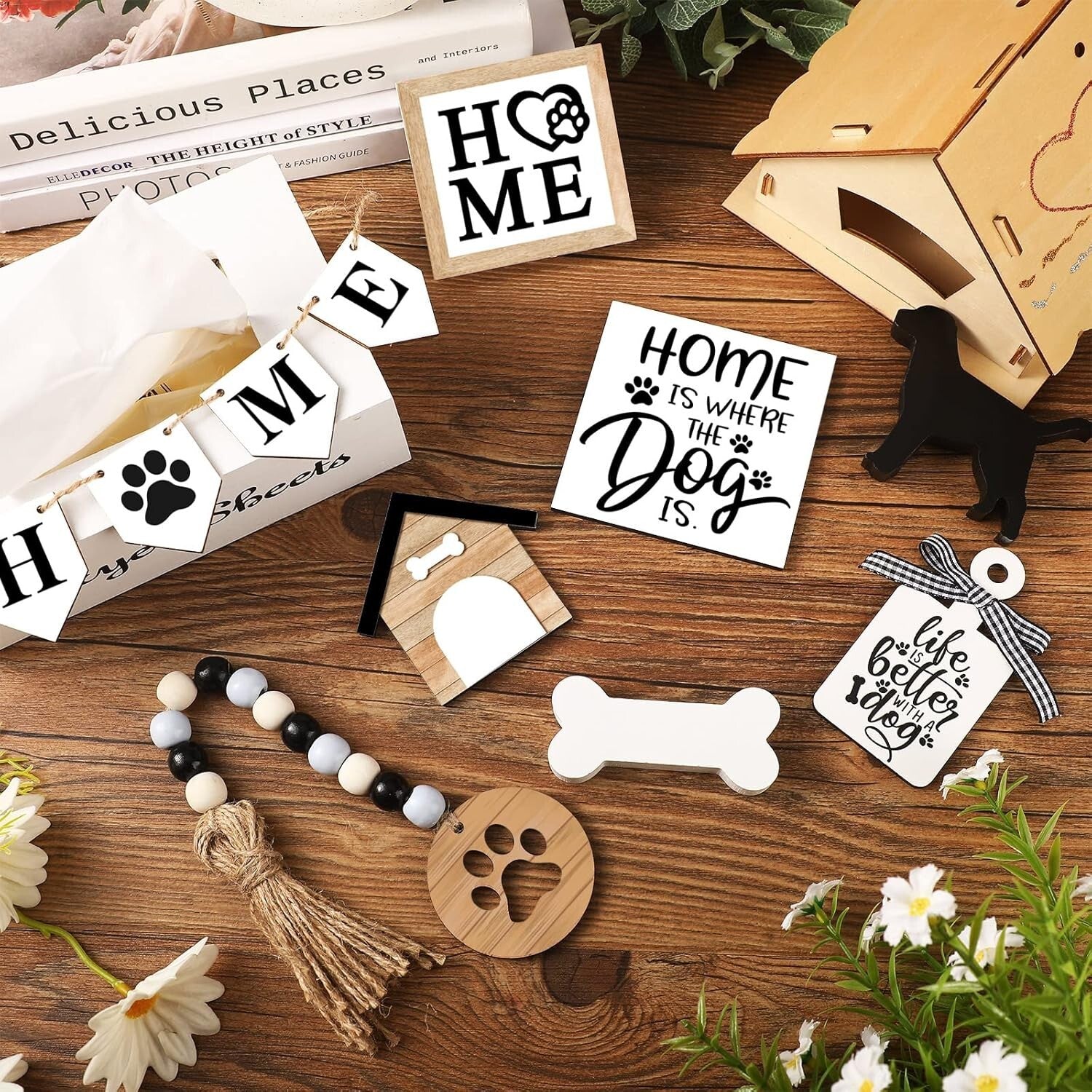 Sturdy Rustic Wooden Tiered Tray Decor with Personalized Dog-Themed Accessories