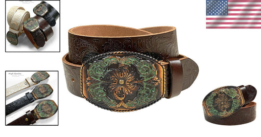 Elegant Genuine Leather Western Floral Engraved Belt with Interchangeable Buckle