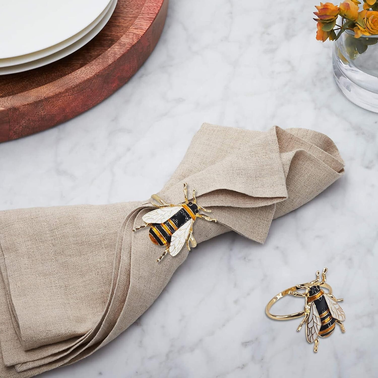 Set of 12 Gold Bee Napkin Rings - Soft Enamel Metal Holders for Elegant Dining