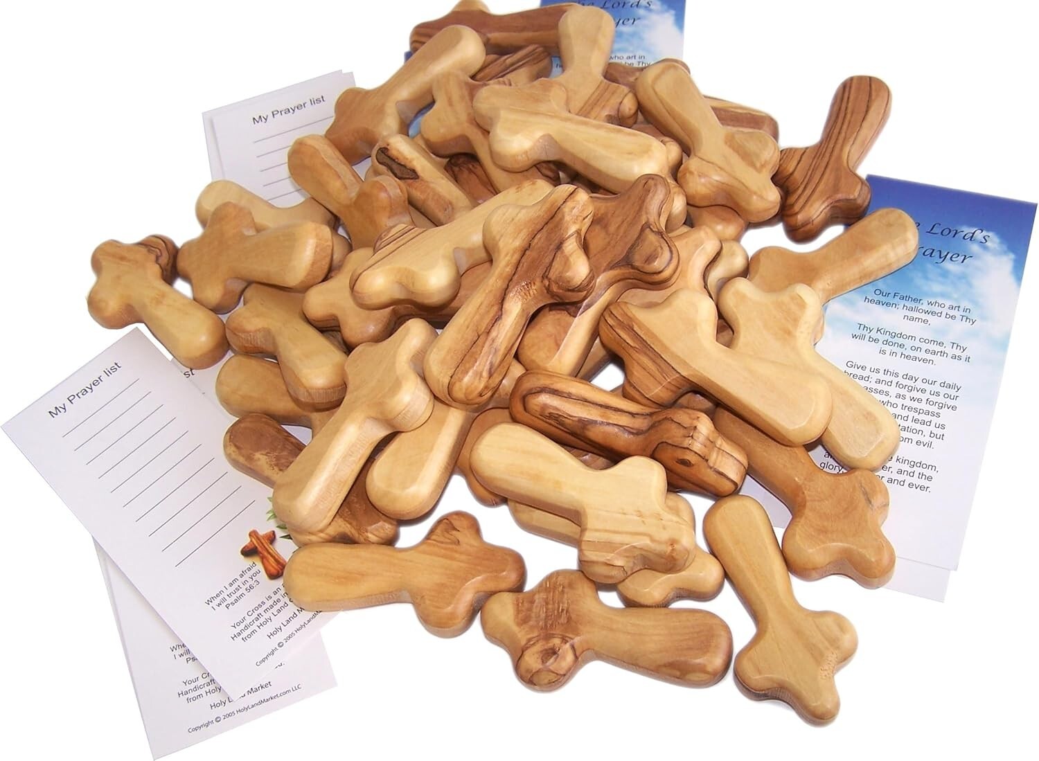 Inspirational 2.5" Olive Wood Palm Crosses with Lord Prayer Card - Pack of 50