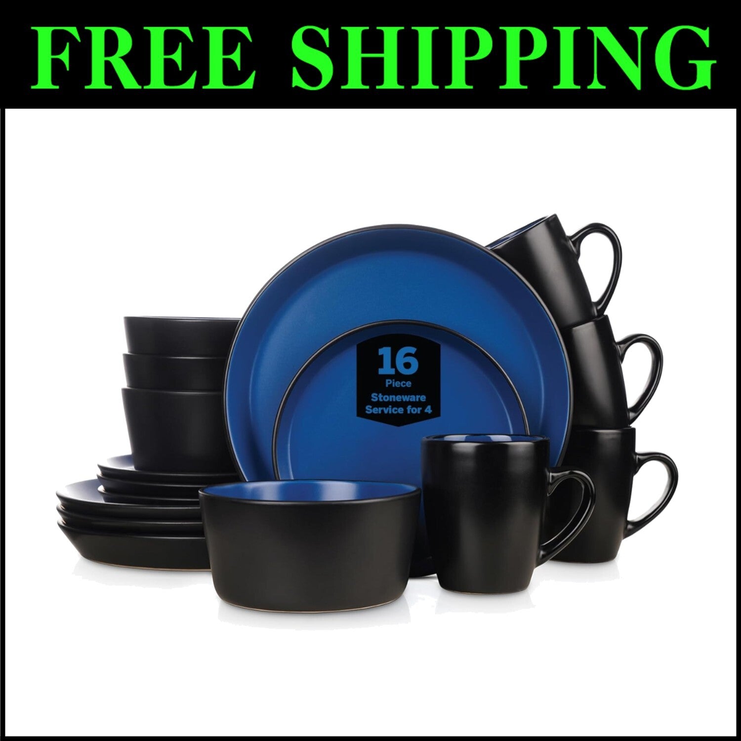 Albie 16-Piece Modern Blue and Black Stoneware Dinnerware for Stylish Dining