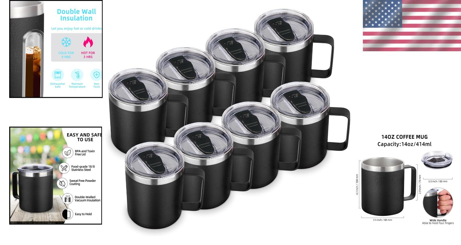 Elegant 8 Pack Insulated Travel Mugs – Durable 14oz Stainless Steel with Lid