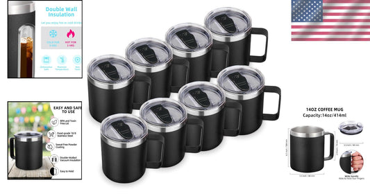Elegant 8 Pack Insulated Travel Mugs – Durable 14oz Stainless Steel with Lid