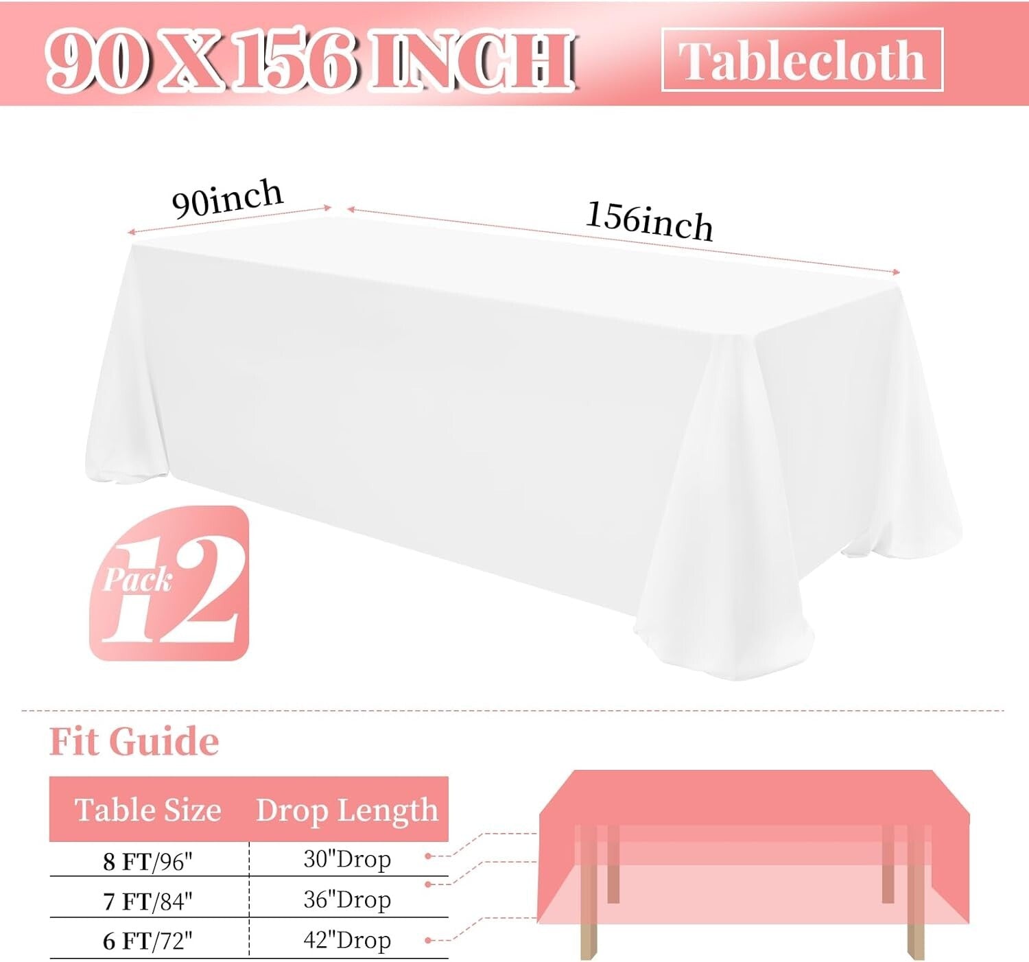 12 Pack Stain Resistant Polyester Table Covers 90x156 Inch for All Occasions