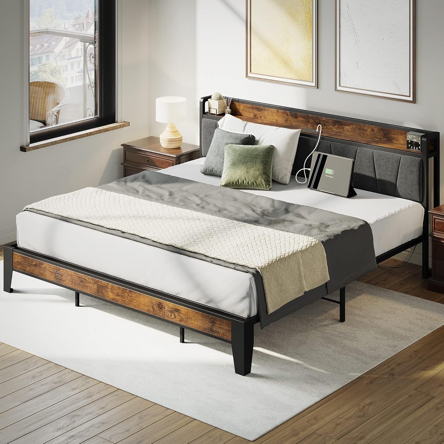 King Size Bed Frame with Storage Headboard & Charging Station - Easy Assembly