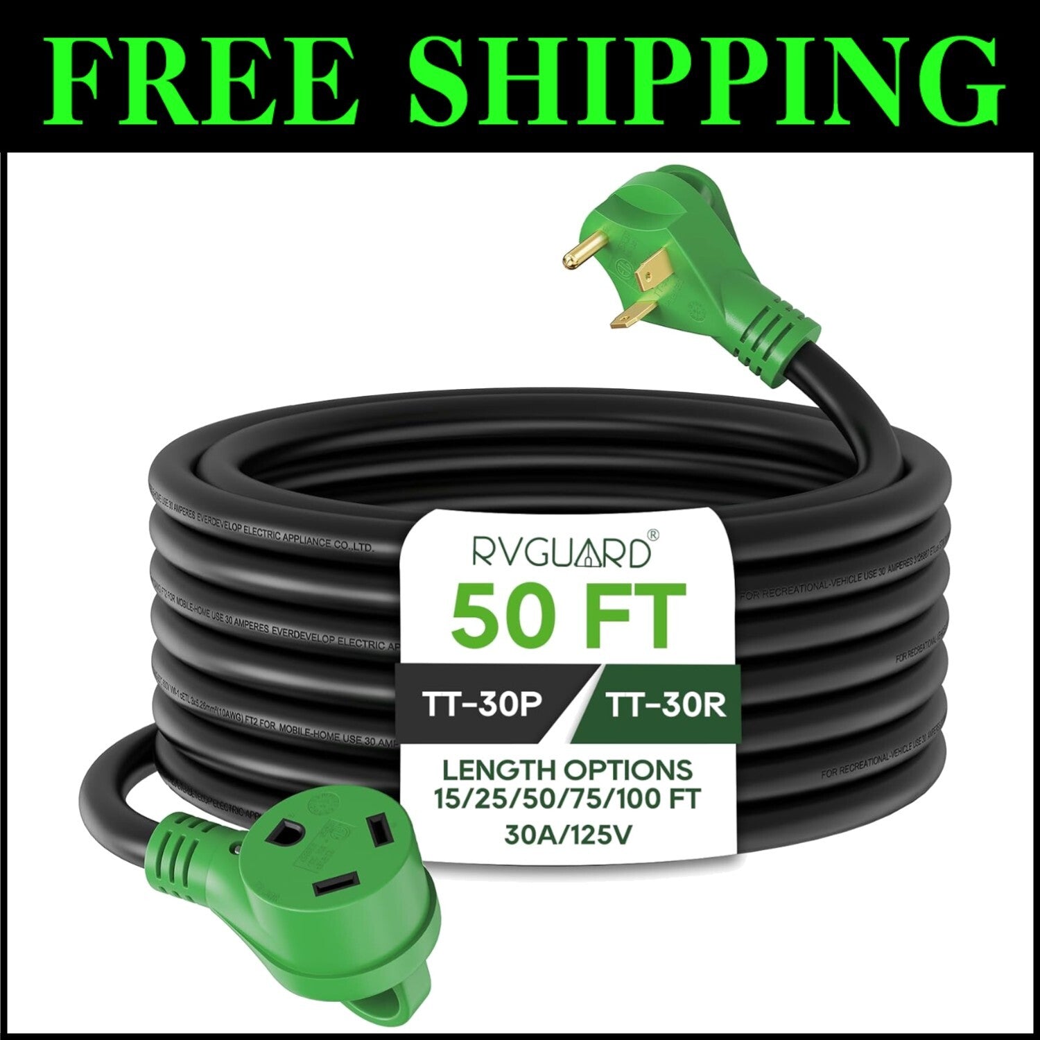 Weather-Resistant 30 Amp RV Extension Cord, 50 Ft with Storage Organizer