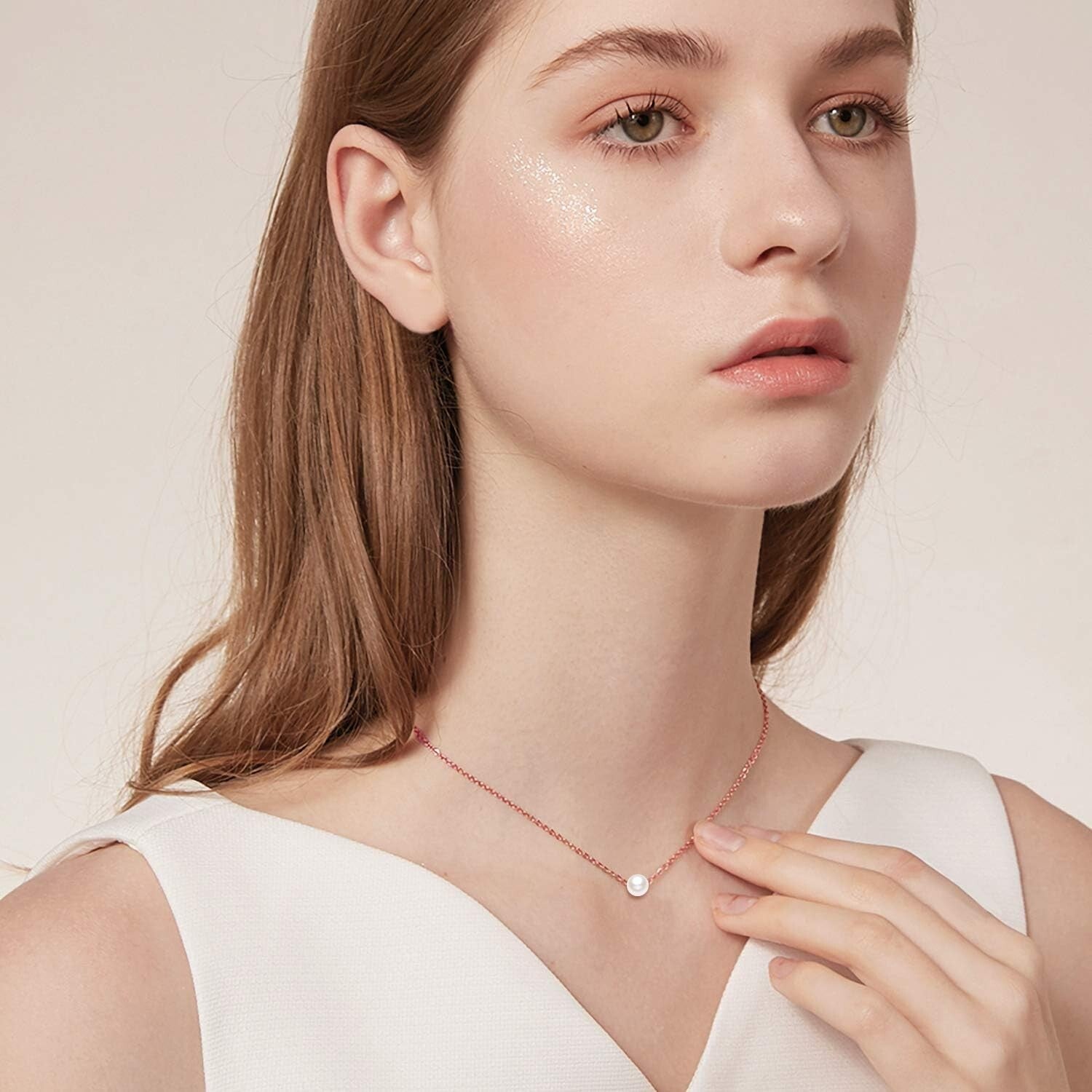 Dainty 14K Gold Pearl Pendant Necklace with Adjustable Rolo Chain 16-18"