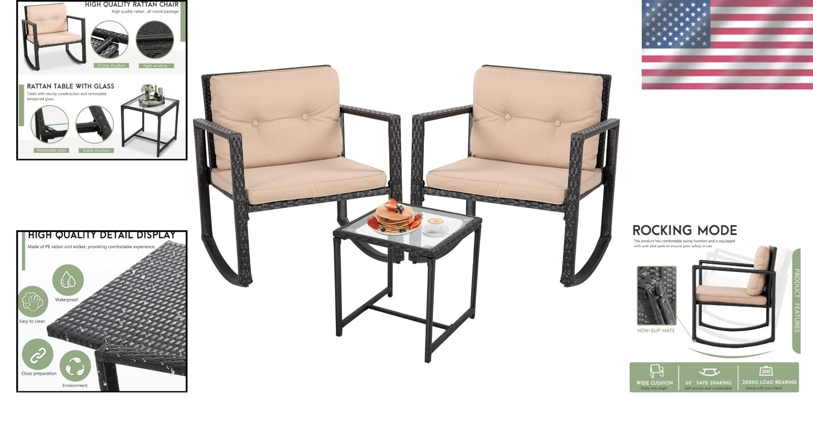 All-Weather 3 Piece Rattan Conversation Set - Black Bistro Chairs & Table