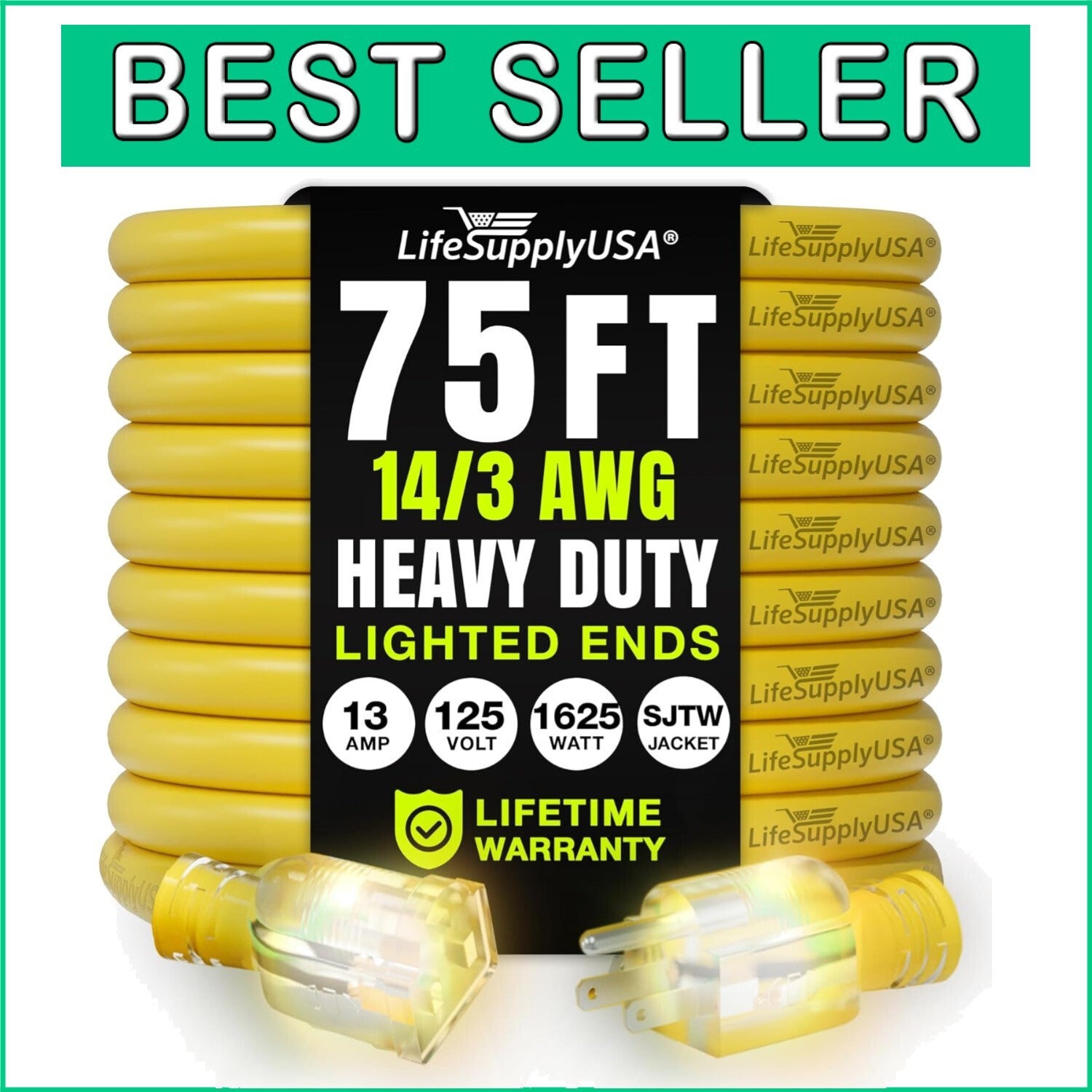 75ft Heavy Duty Extension Cord - Waterproof, Cold-Resistant 14/3 SJTW Power Cord