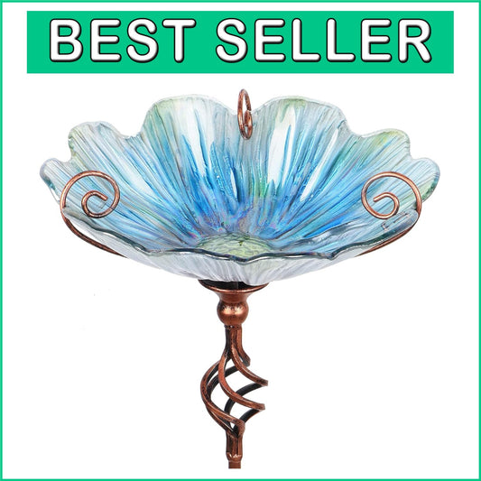 31-Inch Handmade Blue Glass Birdbath with Durable Metal Stake for Gardens