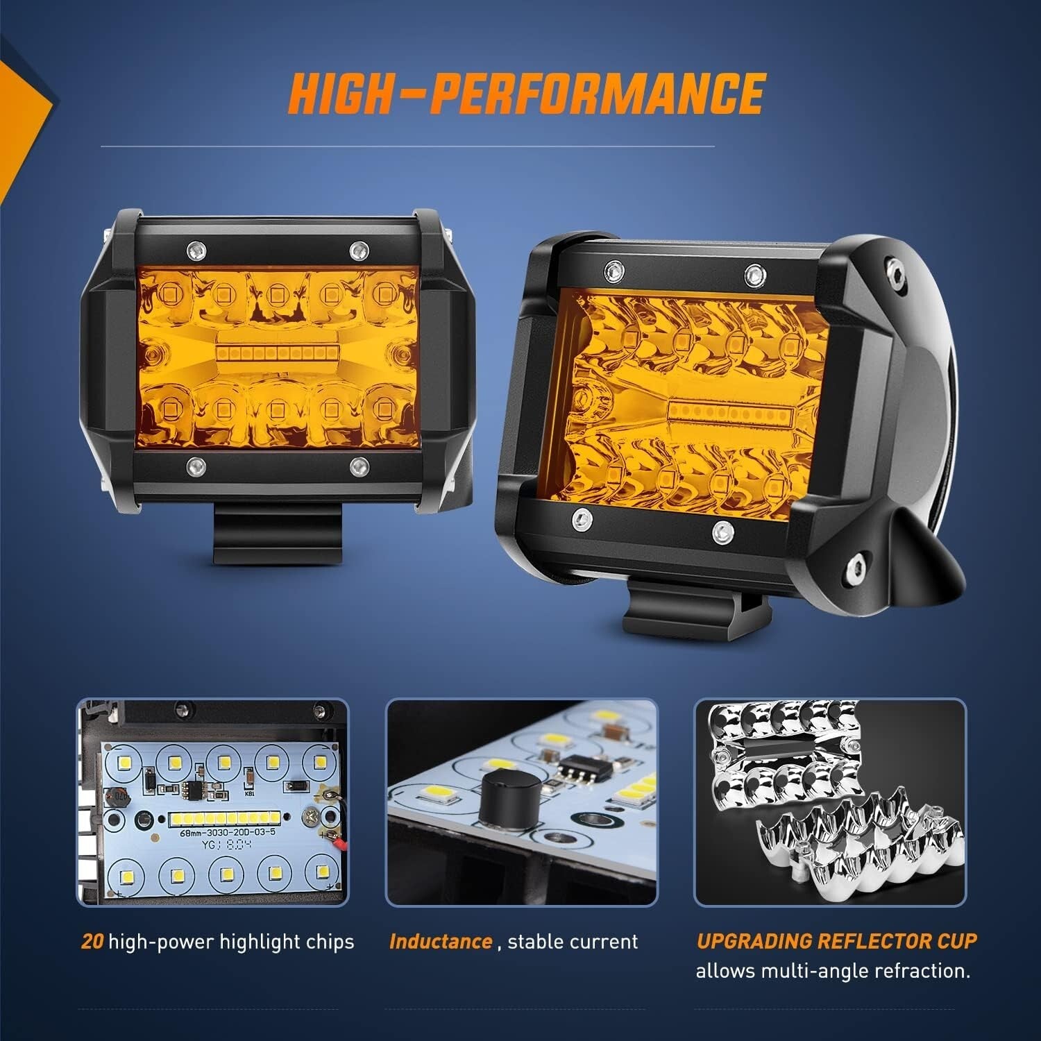 Rugged 4-Inch Amber LED Flood Spot Pods - Dual Beam Light with Harness