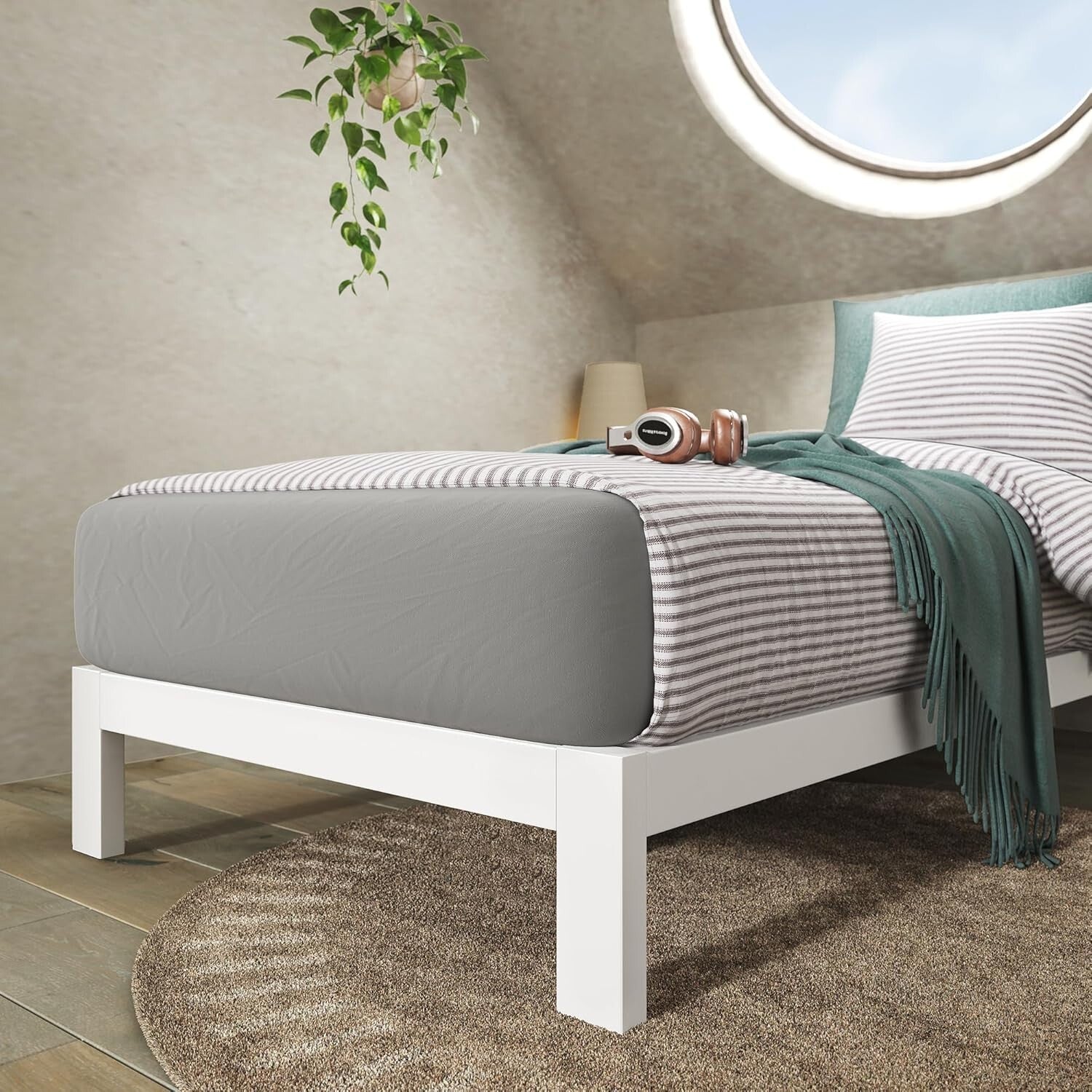 Arnav Twin Bed Frame in White – Strong Steel Construction, Headboard Compatible