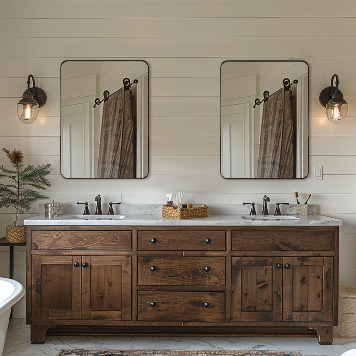 Brushed Bronze Bathroom Mirror, 24"x36" Rounded Rectangle, Stainless Steel Frame