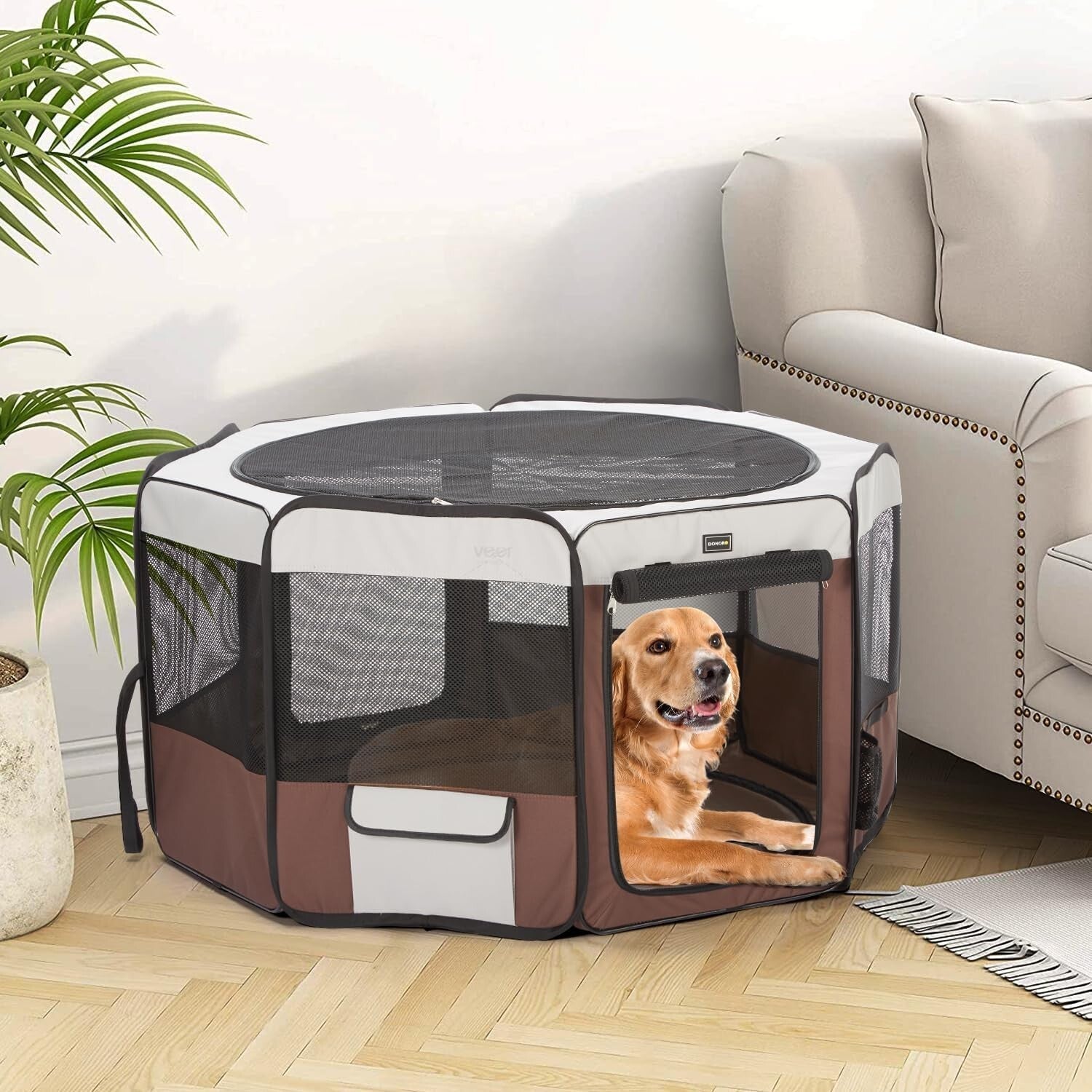 Lightweight Brown Pet Playpen for Small Dogs and Cats - 8 Panel, Removable Top