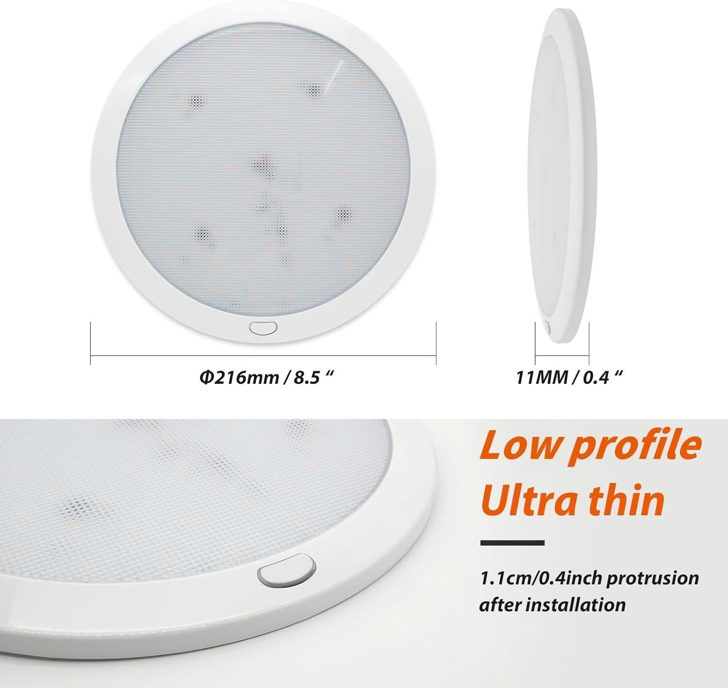 8.5'' Low Profile Ceiling Light with Dimmable Blue & White - Ideal for Boats