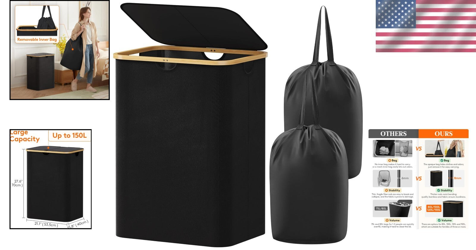 Elegant 150L Laundry Hamper with Removable Bags - Perfect for Home Organization