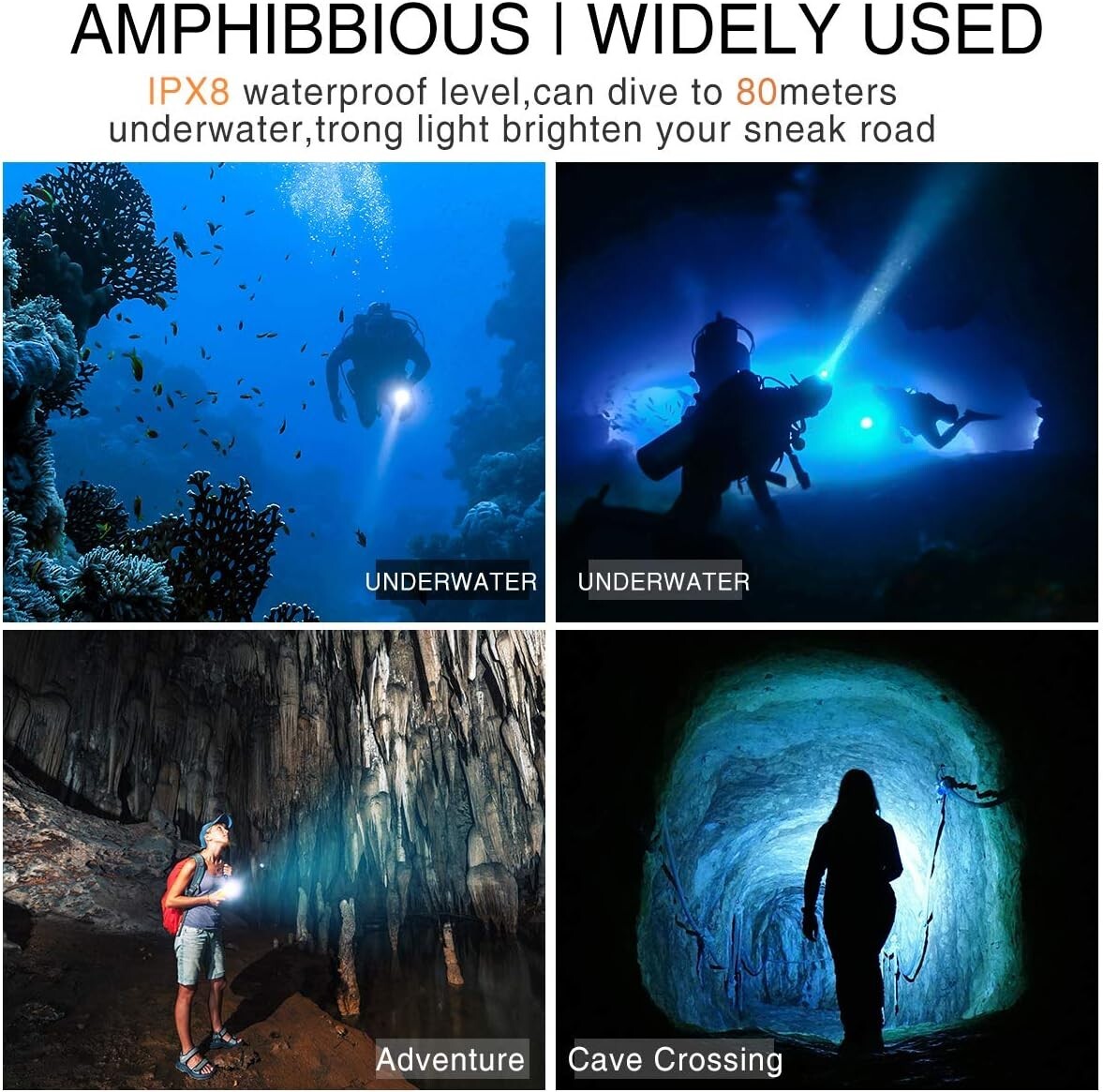 2000 Lumen Waterproof Diving Flashlight - Rechargeable LED Torch for Adventures