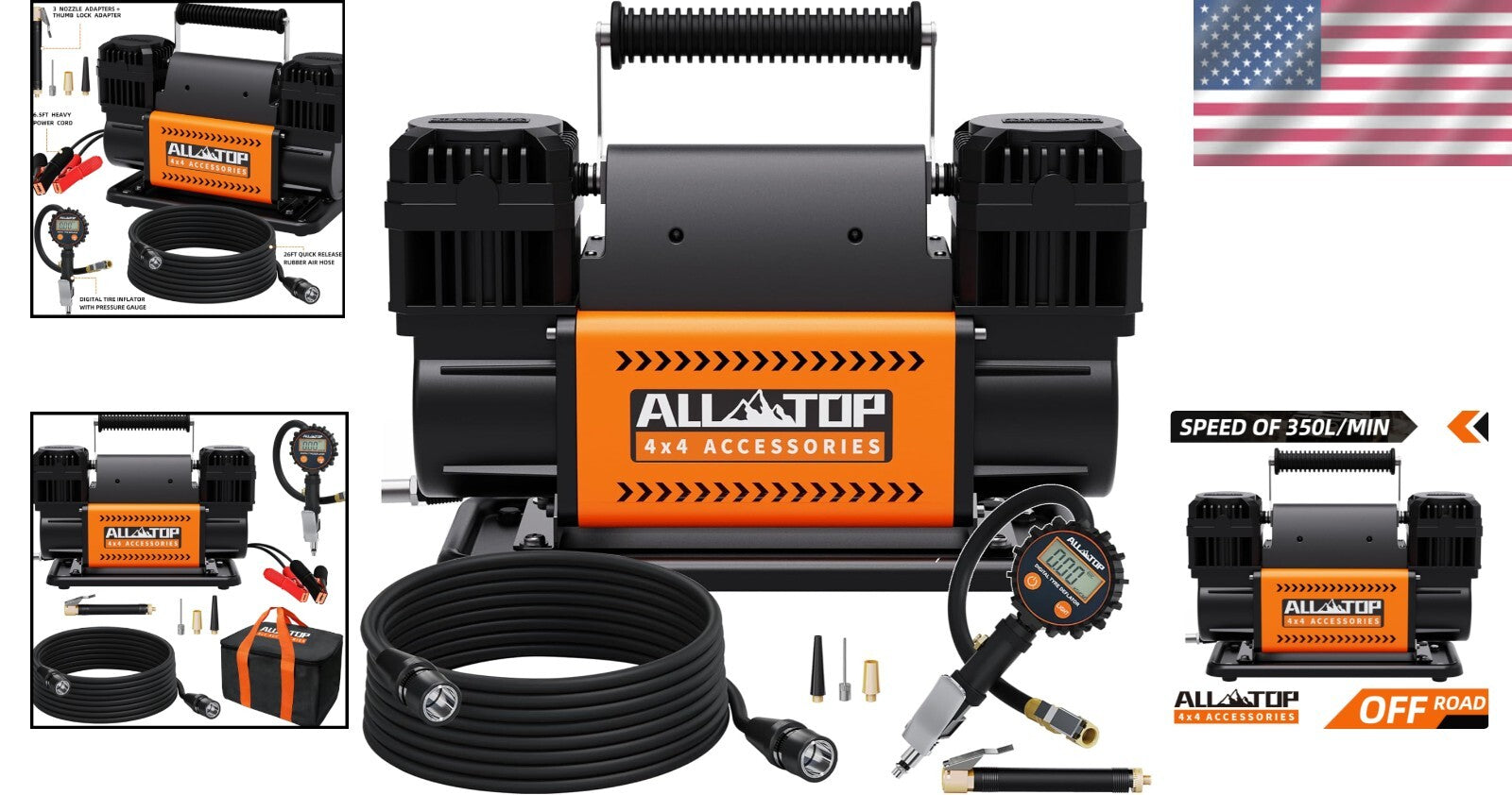 Compact Dual Cylinder Tire Inflator with Digital Gauge - 12V Heavy Duty Pump