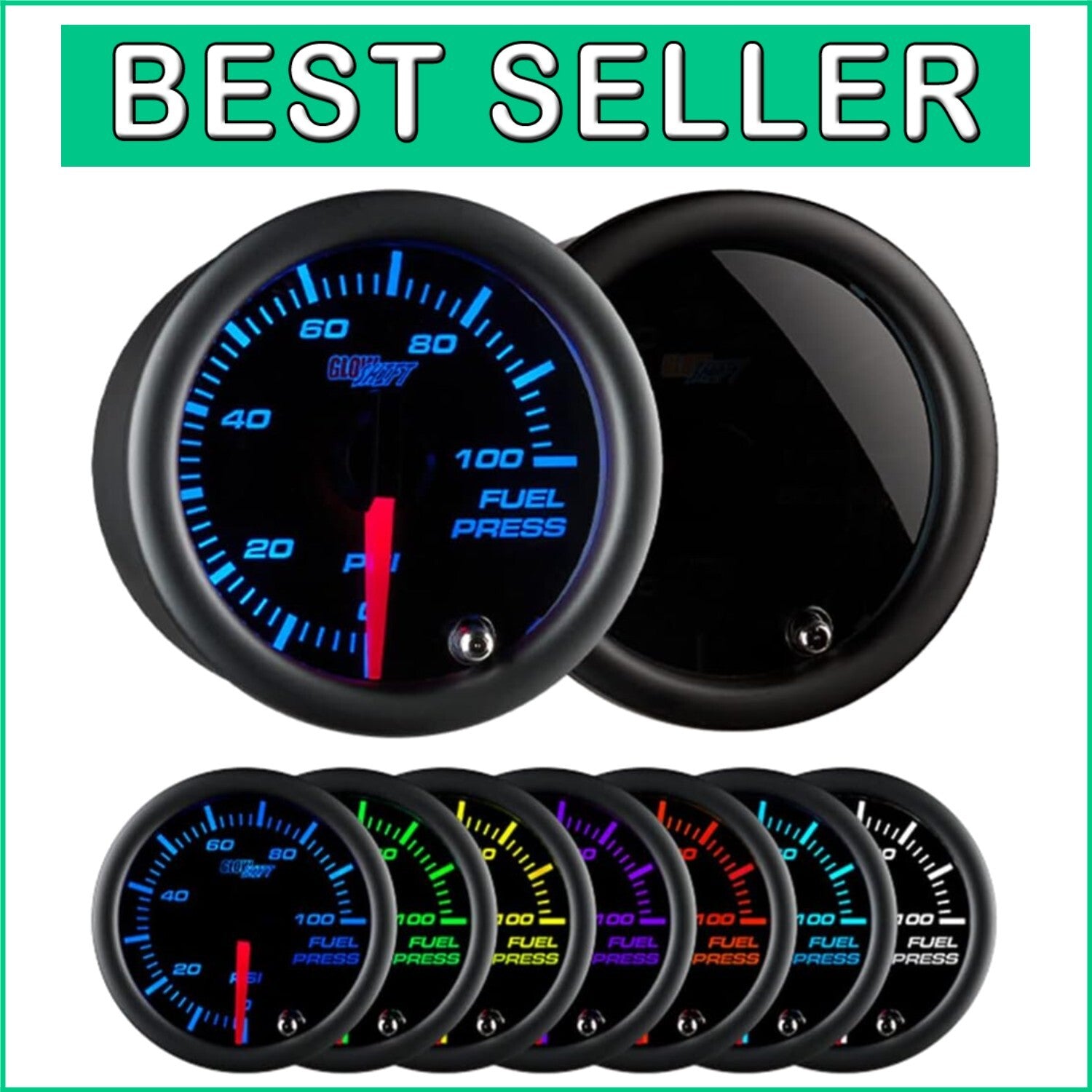 Electronic 100 PSI Fuel Pressure Gauge with Black Dial & Smoked Lens - 7 Colors