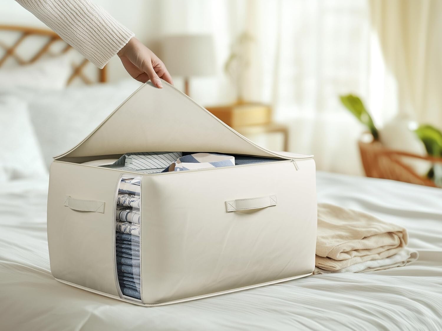 Spacious 70L Foldable Cotton Linen Storage Bags with Zipper & Side Window, Beige