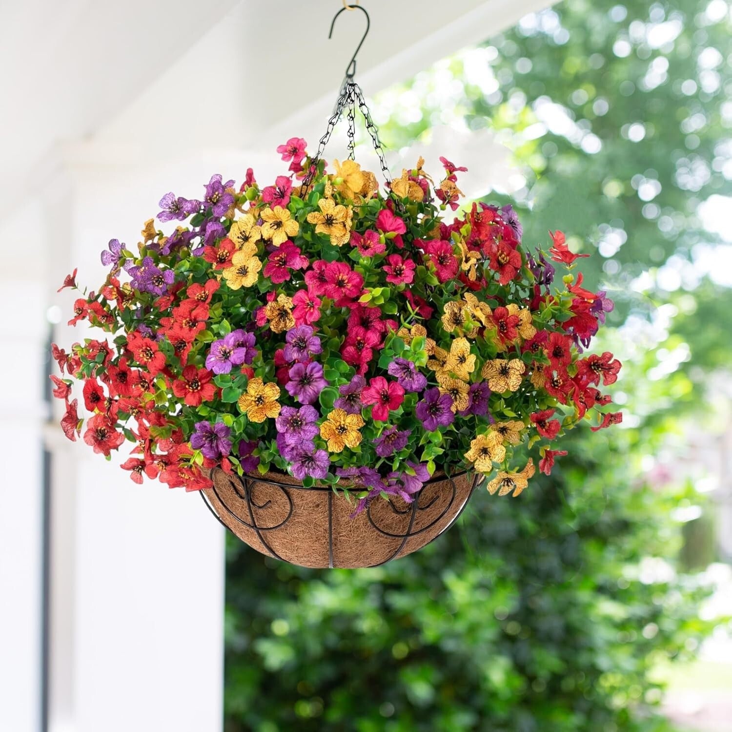 Beautiful Silk Flower Hanging Basket with Rattan for Porches and Gardens