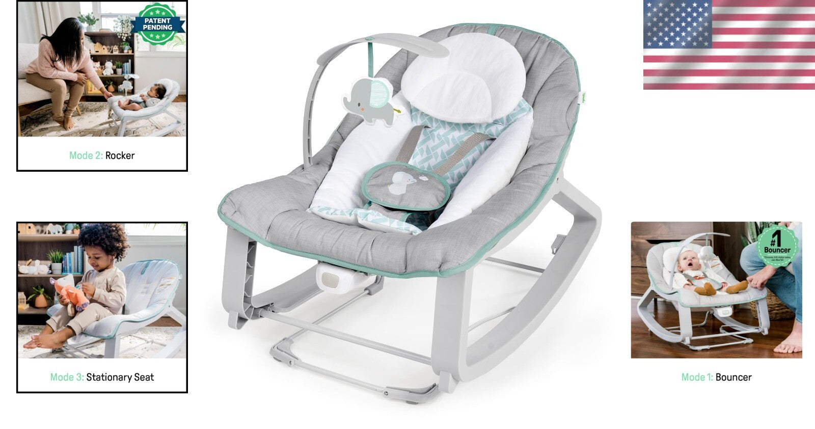 Infant to Toddler 3-in-1 Bouncer, Rocker, and Stationary Seat with Plush Toy