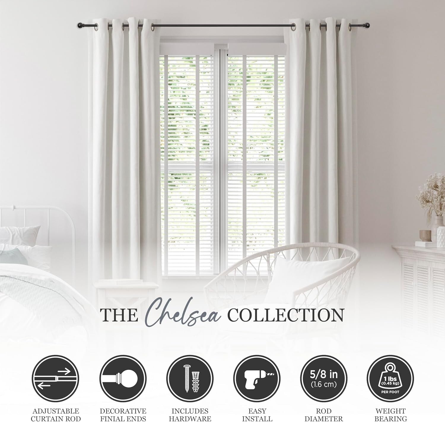 Durable Black Extendable Curtain Rods, 5/8" diameter, 4 Pack for Window Decor