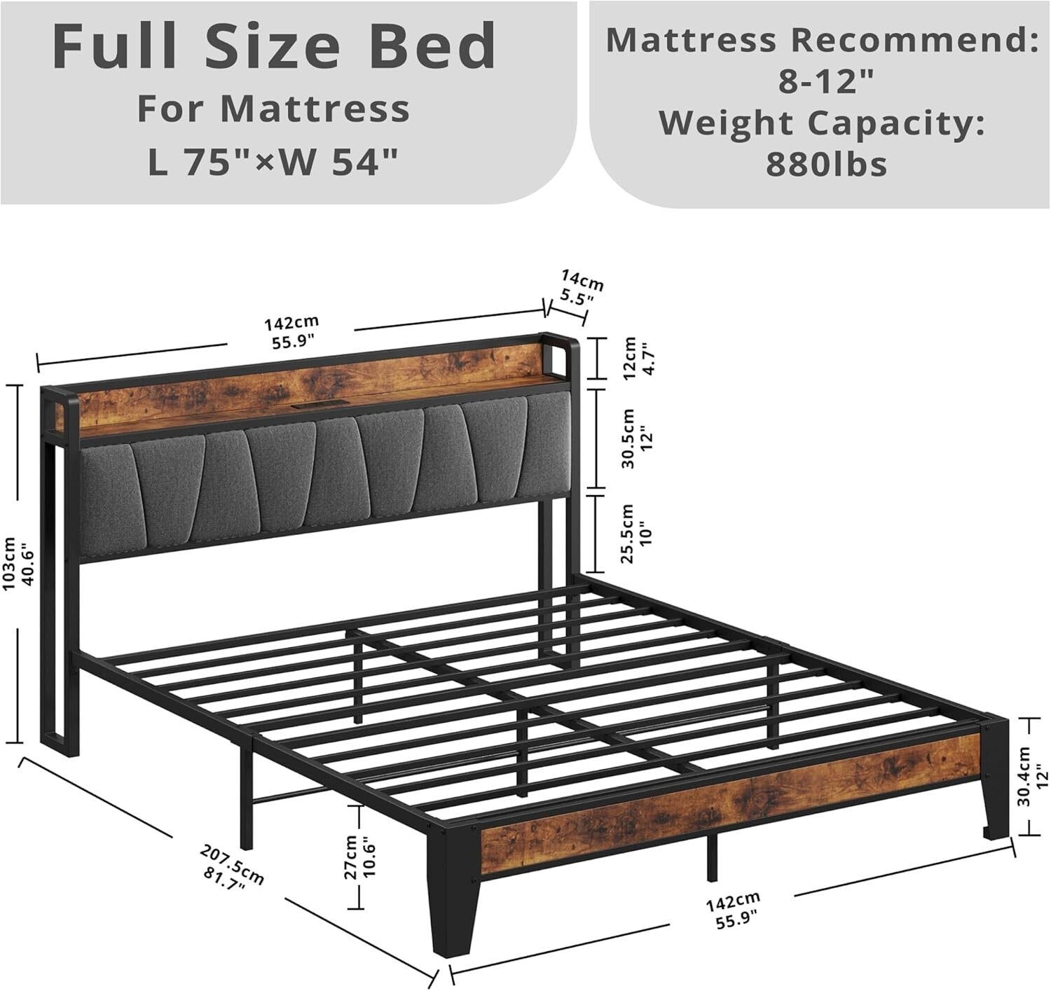 Durable Full Bed Frame with Noise-Free Storage Headboard & USB Charging Ports