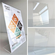 Load image into Gallery viewer, Durable 8.5 x 11 Acrylic Sign Holders - 30 Pack Clear Table Stands for Display