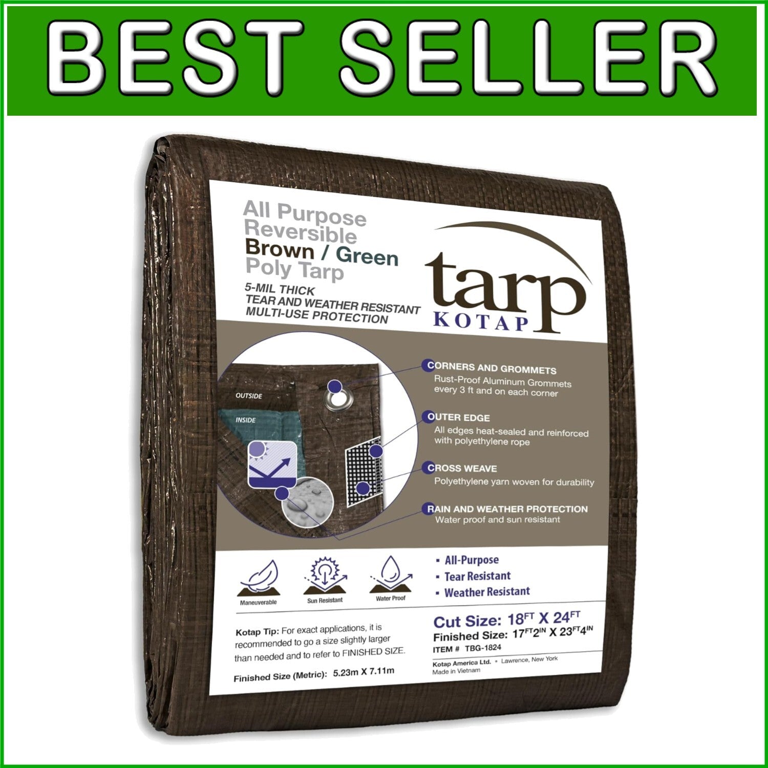 18 x 24 Ft. Waterproof Reversible Poly Tarp - Lightweight All-Purpose Protection