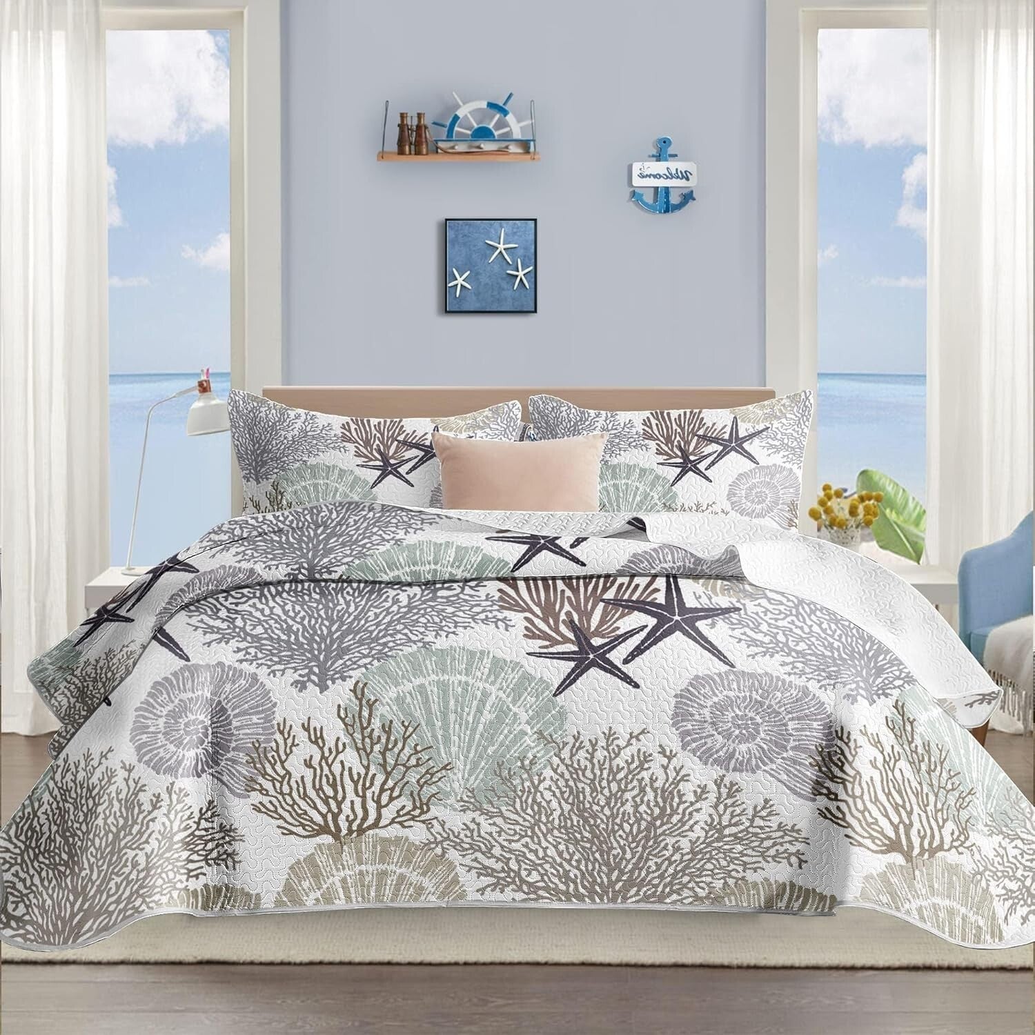 Reversible Beach-Themed Quilt Set - Full/Queen with 2 Shams, All-Season Comfort